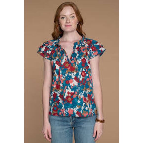 Olivia James The Label Astrid Short Sleeve Ruffle Shoulder Top Abstract Floral M - Picture 1 of 6